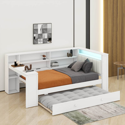 Daybed With Storage Shelves, Trundle, Wood Corner Bed With Charging Station & LED, Desk & Upholstered Headboard