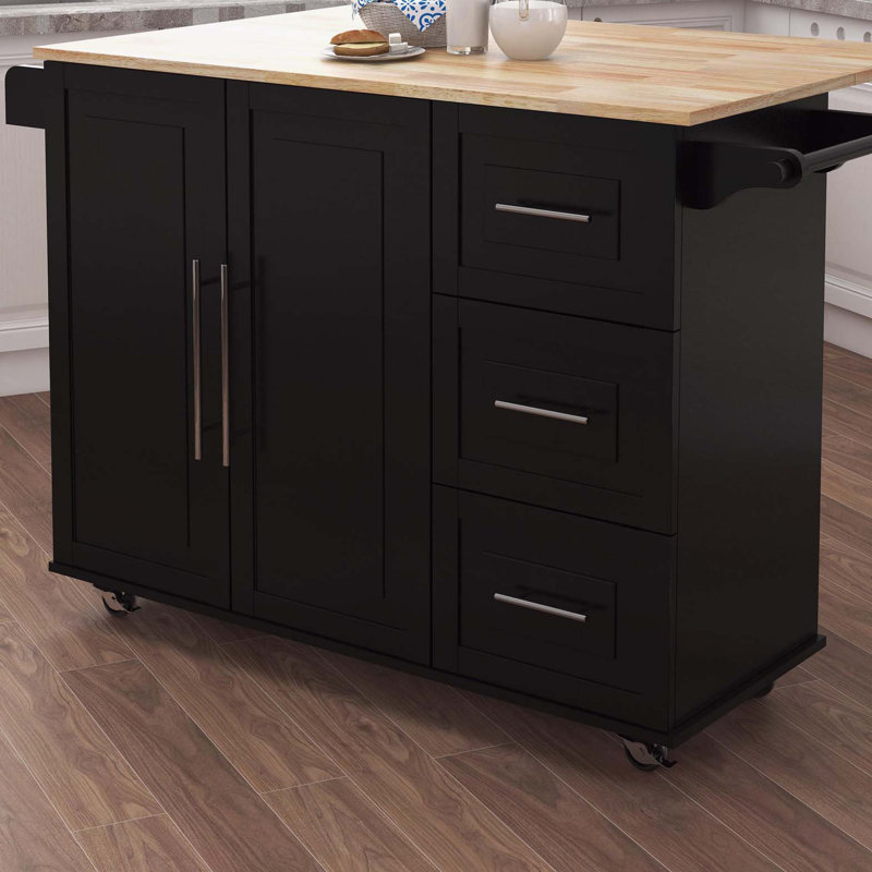Îlot de cuisine avec support à épices, porte-serviettes et plateau de table en bois massif extensible - noir, Noir