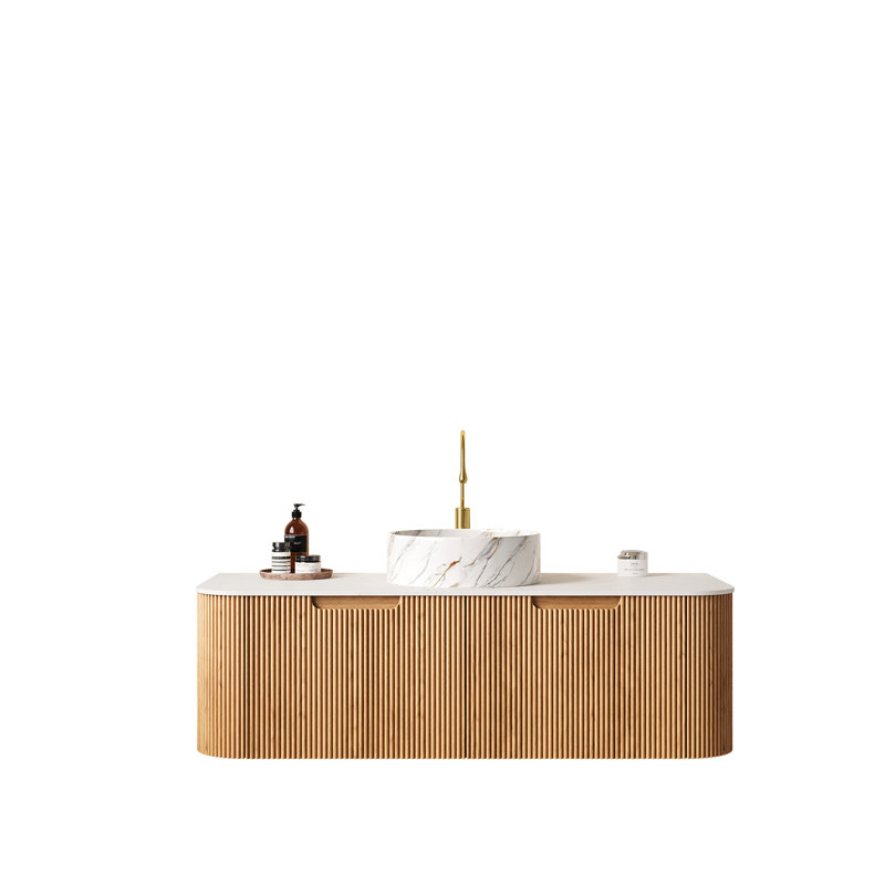 Meuble-lavabo de salle de bain 48 po Dina, meuble-lavabo rayé à bords arrondis avec 2 tiroirs, lavabo rond en céramique blanc mat et plateau en pierre frittée blanc de Carrare, pré-assemblé, grain de bois naturel