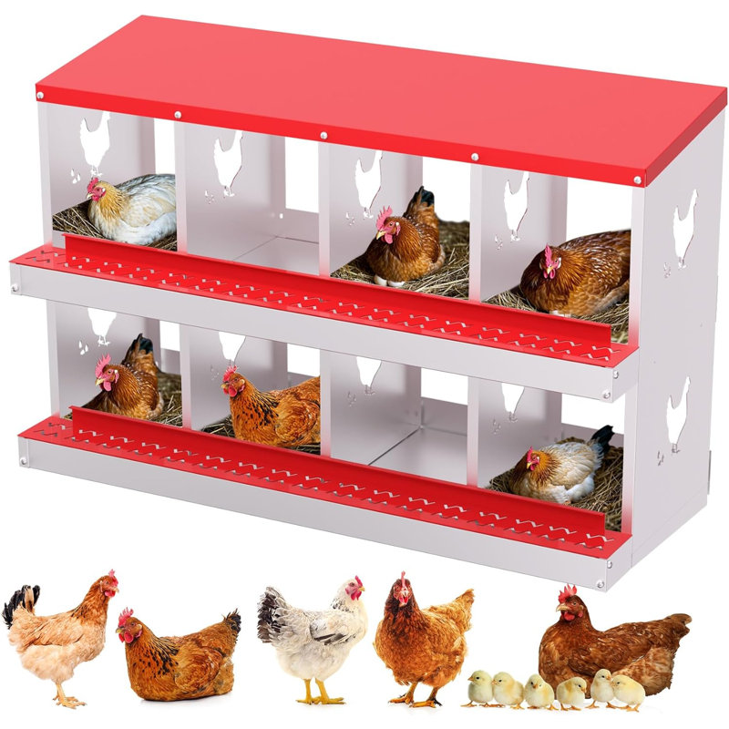 Chicken Nesting Boxes, Galvanized Steel Rustproof Egg Laying Box with Egg Collection Systems, Red