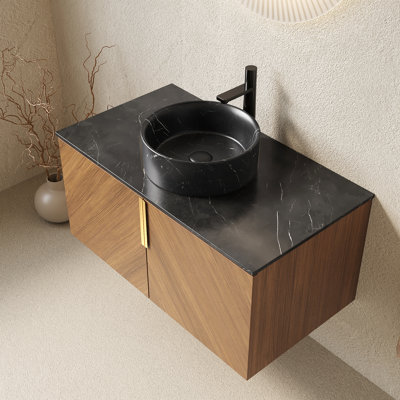 Meuble-lavabo 36 po avec armoire en contreplaqué, plateau en pierre frittée noire, lavabo rond en céramique, chêne brun, portes doubles, grand rangement, fermeture en douceur