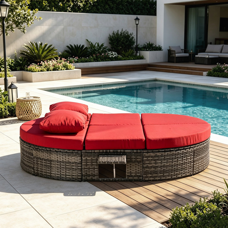 Lit de jour pour l'extérieur avec dossiers réglables et plateaux pliables pour une détente confortable, Red