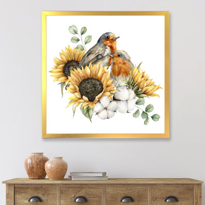 Bouquet d'automne avec des tournesols rouges, coton, peinture sur toile