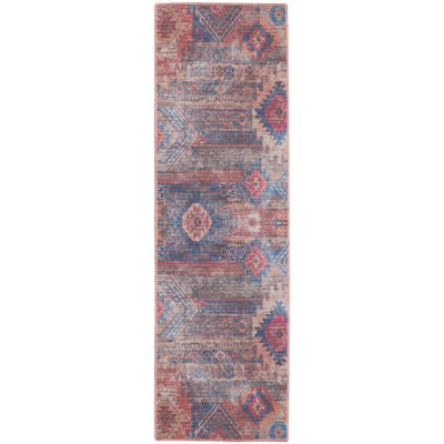 Machine Washable Southwestern Blue/Red Area Rug