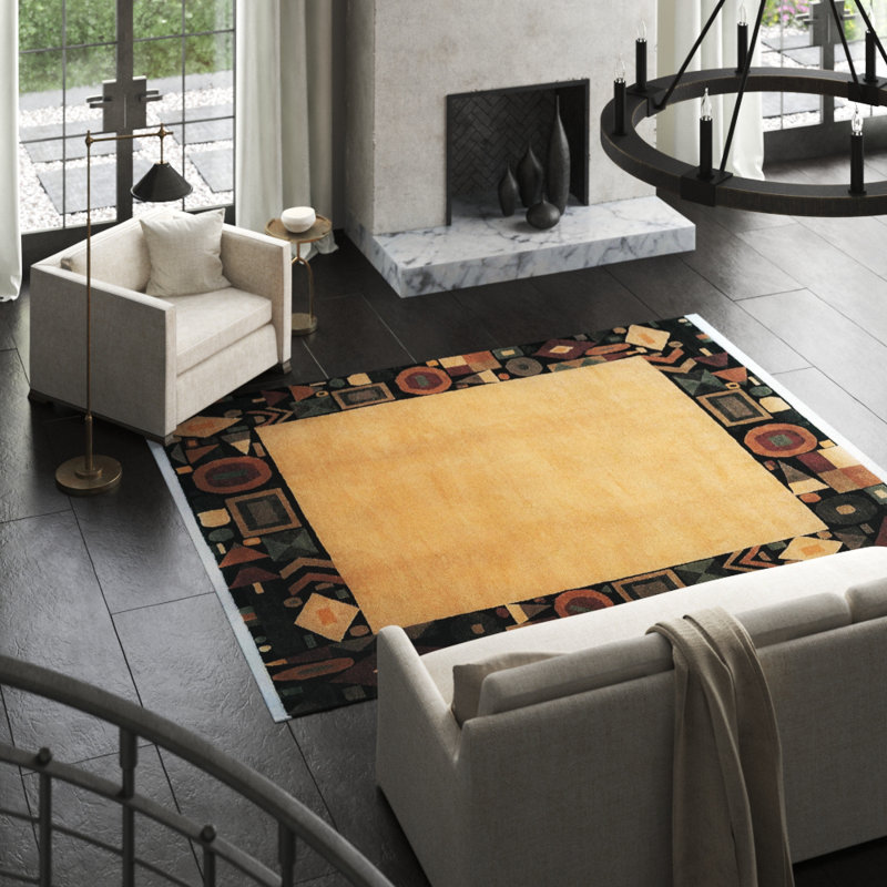 Wool Geometric Area Rug in Black/Gold, Square 10'