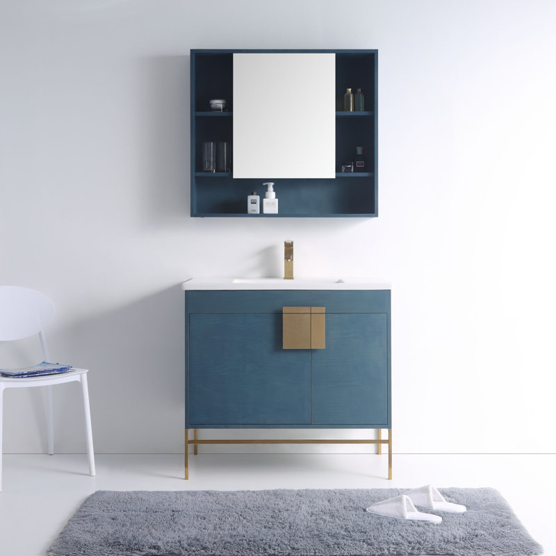 Ensemble de meuble-lavabo simple 36 po Maisie, Laiton satiné, Bleu français