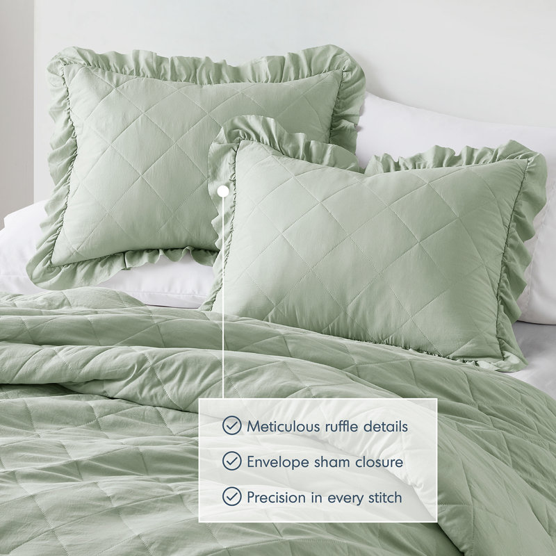 Phoebe Sage Diamond Quilted Ruffle Edge 2-Piece Twin/Twin XL Comforter Set, Twin / Twin XL Comforter +1 Standard Sham, Sage
