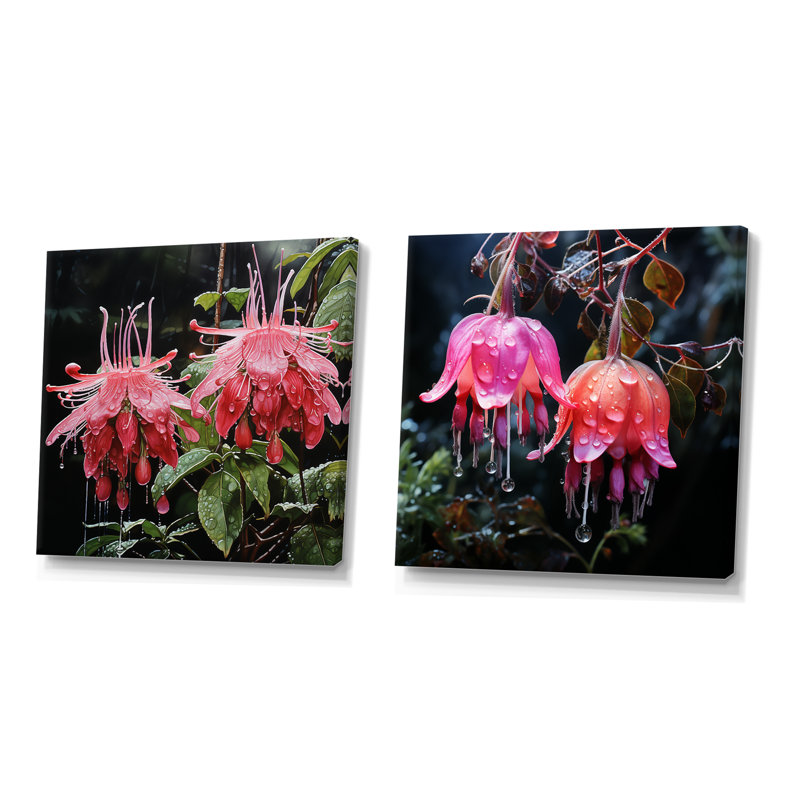 Pétale rose fuchsia coccinea fleurs I - ensemble de salon art mural fuchsia, Toile tendue, H 16 po x l 33 po x P 1 po