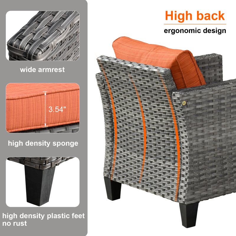 Grano Wicker 5 - Person Patio Conversation Set with Cushions, Burnt Red Orange