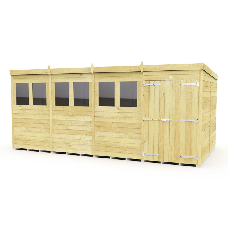 16ft x 8ft Pent Shed - Double Door with Windows