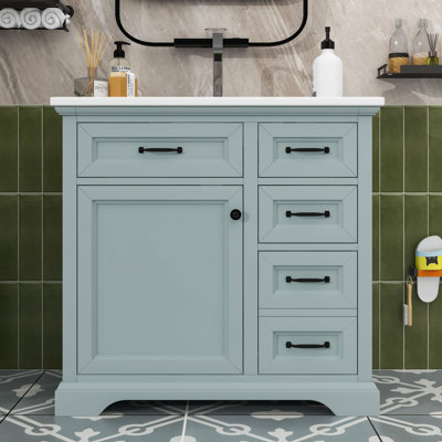 Meuble-lavabo de salle de bain avec lavabo en céramique, tablettes réglables, tiroirs de rangement et armoire