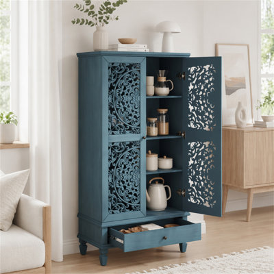 Rustic 55'' Tall Storage Cabinet with Drawer, Decorative 2-Door Carved Wood Accent Cabinet with Solid Wood Legs for Living Room, Hallway, Dining Room