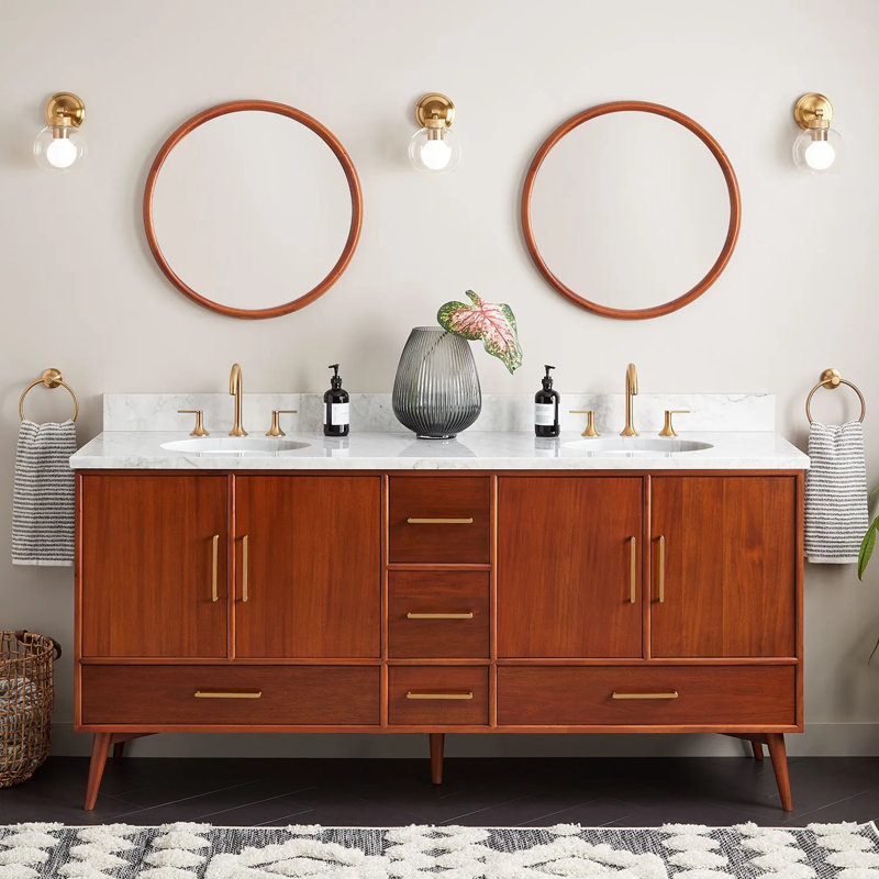 72" Novak Double Bathroom Vanity Set with Oval Undermount Sinks, Natural Teak, 8" Widespread, Carrara Marble