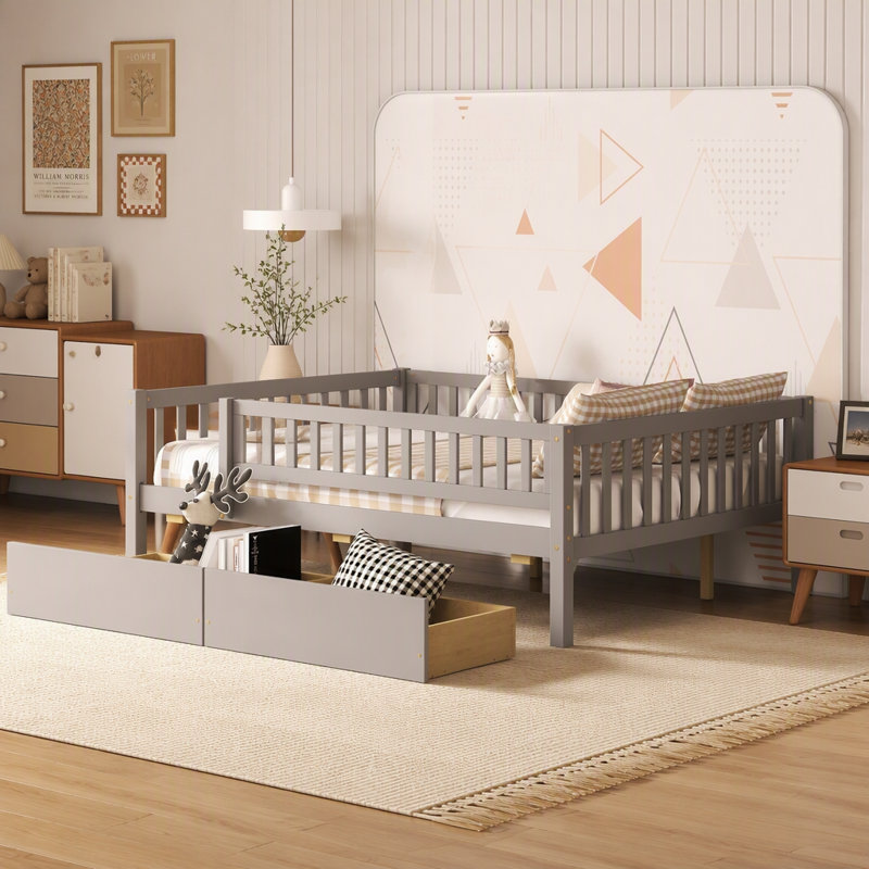 Lit de jour double en bois avec deux tiroirs, gris, Gris, Lit double