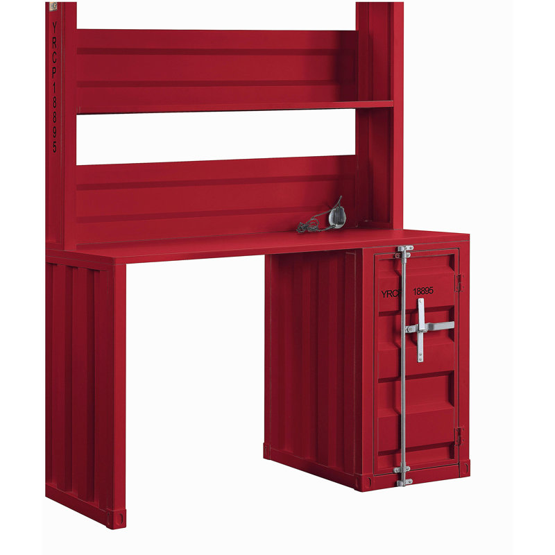 Bureau rouge à une porte avec bibliothèque