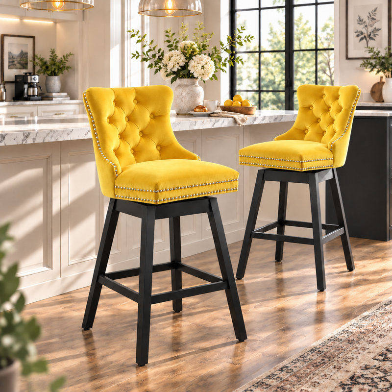  Tabouret de bar pivotant à 360 ° en velours avec dossier, garniture cloutée et pieds robustes en bois massif, fauteuil confortable pour la cuisine, la salle à manger et le restaurant