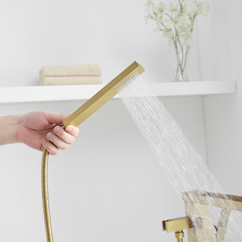 VIBRANTBATH Freestanding Floor Mount Waterfall Tub Filler, Single Handle Bathtub Faucet with Handheld Shower, Brushed Gold