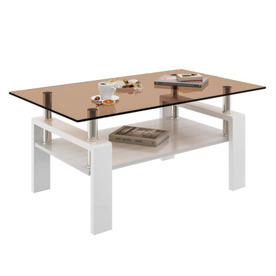 Rectangle Coffee Table, Tempered Glass Tabletop With Mdf Layer, Modern Table For Living Room , Brown Glass