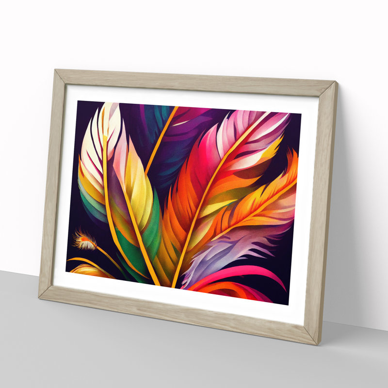 Magnetic Bird Feathers - Single Picture Frame Print, 46cm H x 64cm W x 2cm D, Oak