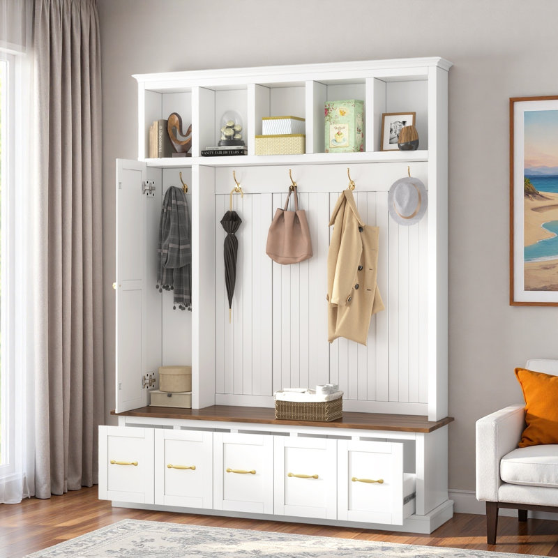 Arbre d'entrée multifonctionnel avec casiers ouverts, crochets à manteau, banc, tiroir et armoire fermée, Blanc ancien