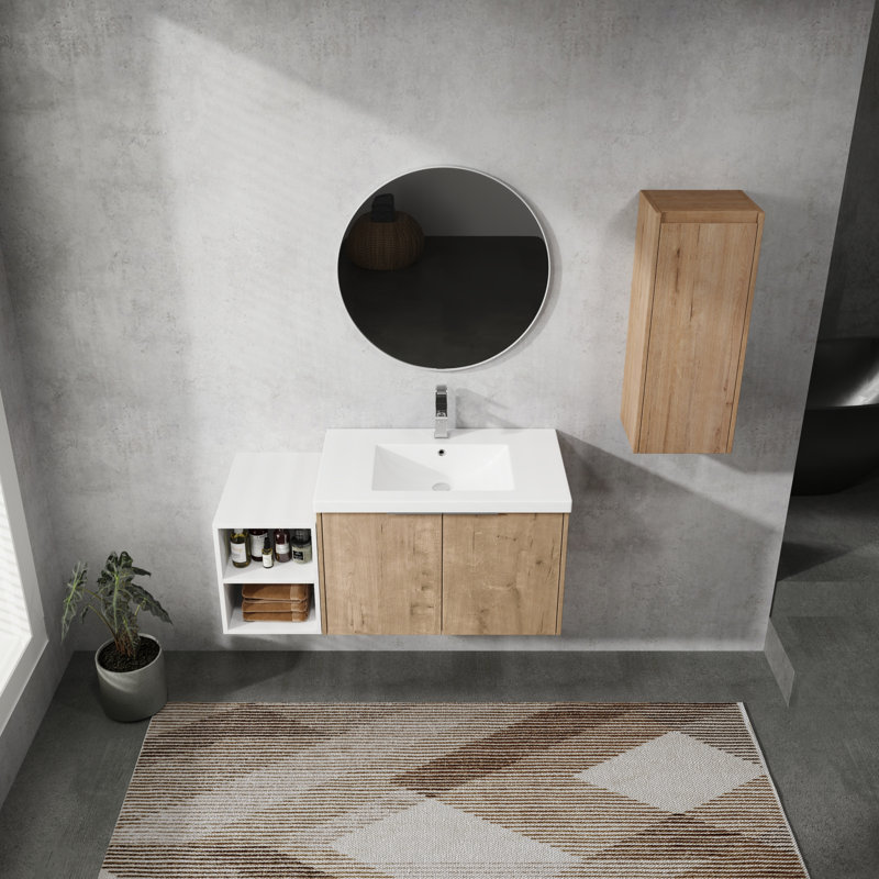  Ensemble de meuble-lavabo mural 42 po nordique imitation chêne minimaliste avec portes à fermeture en douceur et lavabo en résine