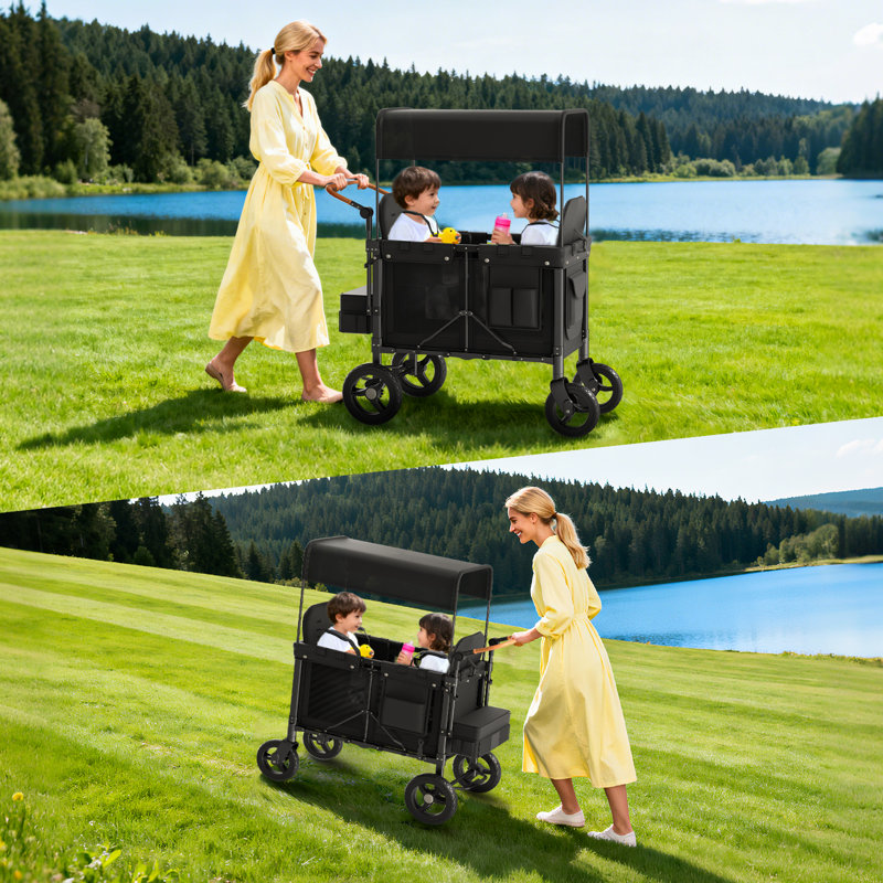2 Seater Black Foldable Stroller Wagon with Convertible Seats, Adjustable Push Pull Handle & Removable Canopy