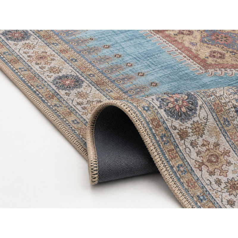Avery Blue Moroccan Washable Indoor/Outdoor Round Area Rug, Round 5'