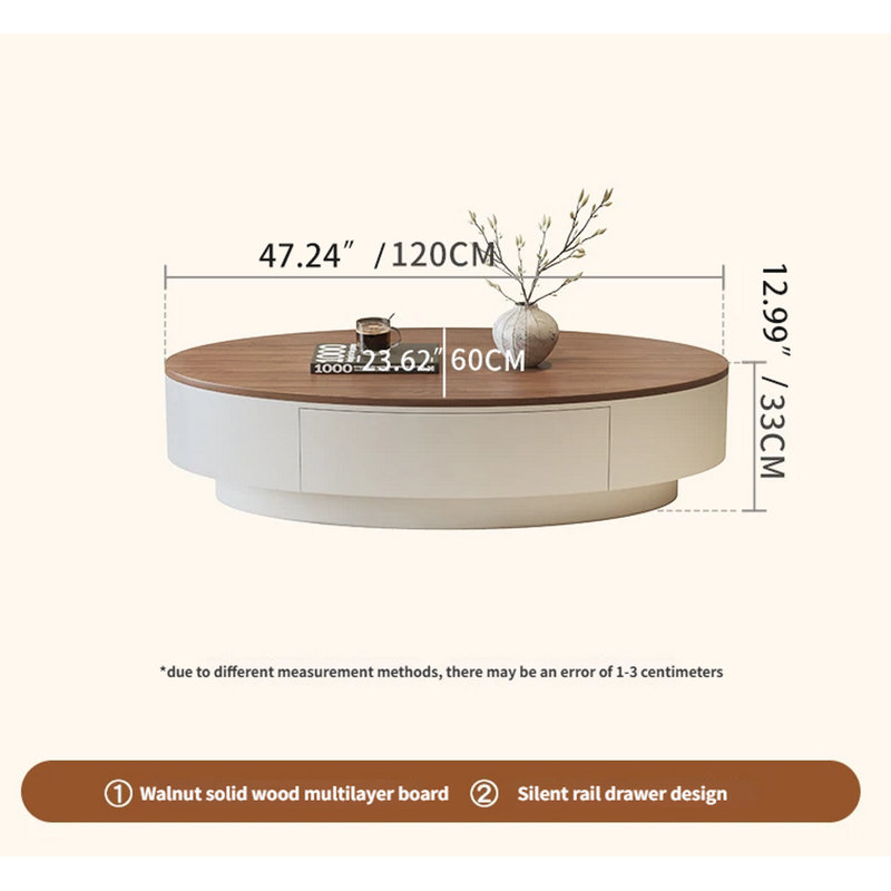 Table basse en noyer massif Mid-Century moderne avec tiroir de rangement en bois massif | Table basse ovale à profil bas | L 47,24 po x H 12,99 po
