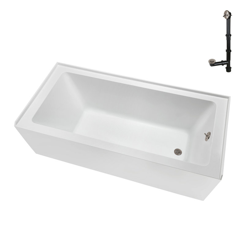 Baignoire en alcôve en acrylique blanc brillant avec drain extérieur 66 po x 32 po Streamline, Nickel brossé
