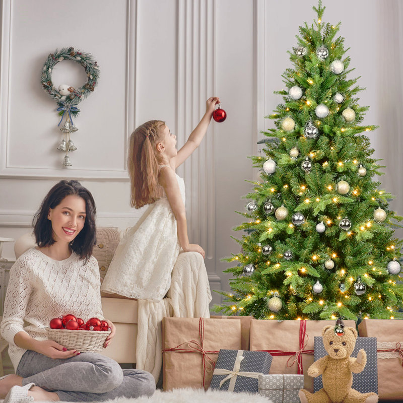 Arbre de Noël illuminé 5 pi avec 250 lumières DEL chaudes, arbre à charnières réaliste en PE + PVC avec support en métal, 850 extrémités, arbre de Noël artificiel pour la décoration des Fêtes