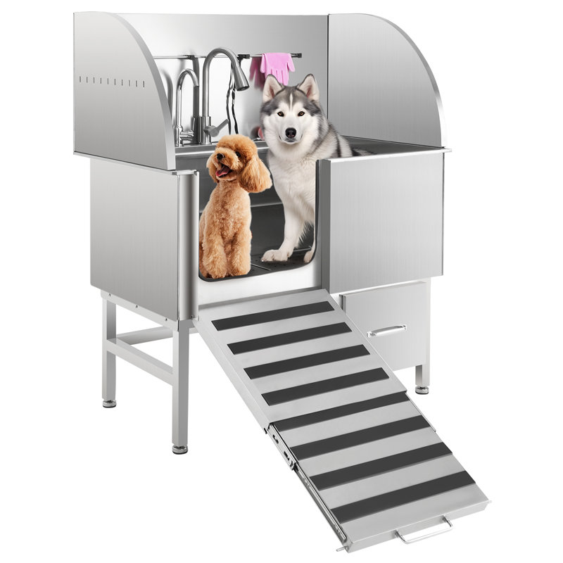 62" Stainless Steel Pet Grooming Tub with Foldable Ramp and Storage Drawer, Professional Pet Washing Station with Accessories (Left-Side Door)