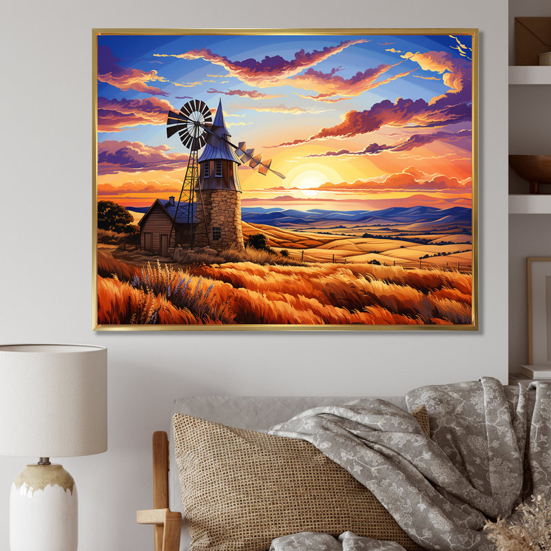 Windmill Evening Glow Meadows - Wind Turbines, art mural, H 34 po x l 44 po x P 1,5 po, Cadre flottant blanc