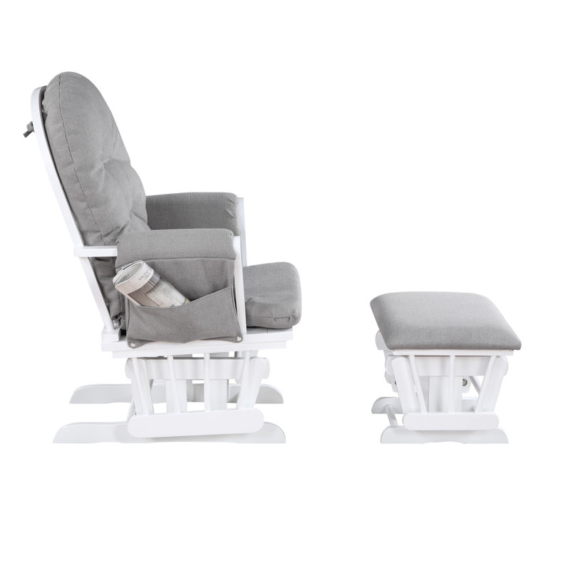 Cleo Wooden Glider and Ottoman, White Wood, Gray Linen 