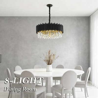 Lustre moderne en cristal à 3 niveaux avec hauteur réglable, luminaire suspendu noir 8 lumières pour le salon, la salle à manger, l'îlot de cuisine, la chambre à coucher et le vestibule