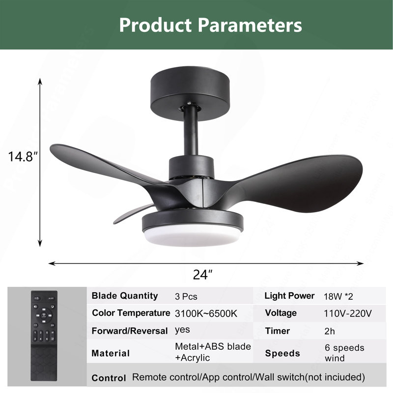 24" Small  Ceiling Fan With Light Remote Control, Black
