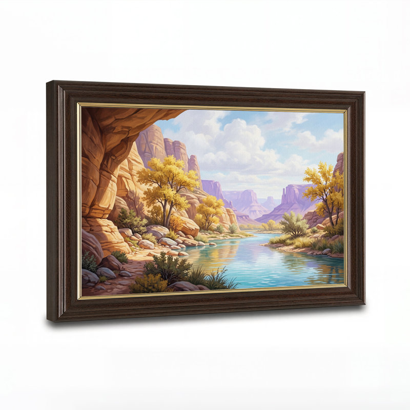 Tableau sur toile représentant une rivière du canyon rocheux avec des arbres jaunes, 16"H x 24"W