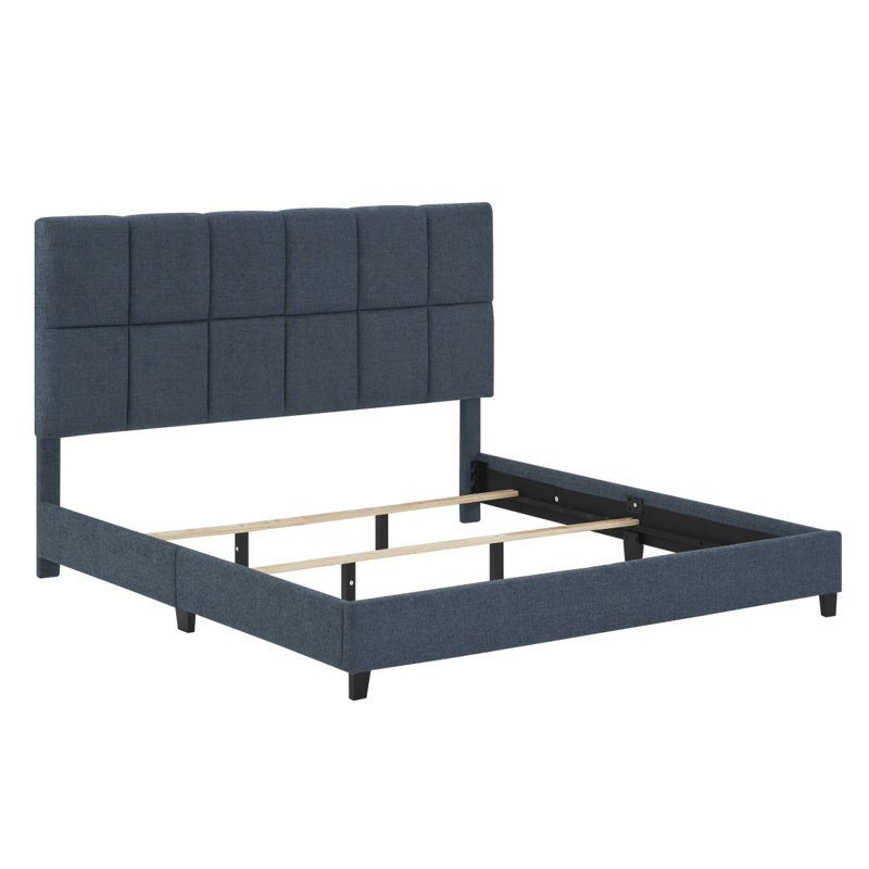 Lit plateforme tapissier très grand bleu marine Denim Squares