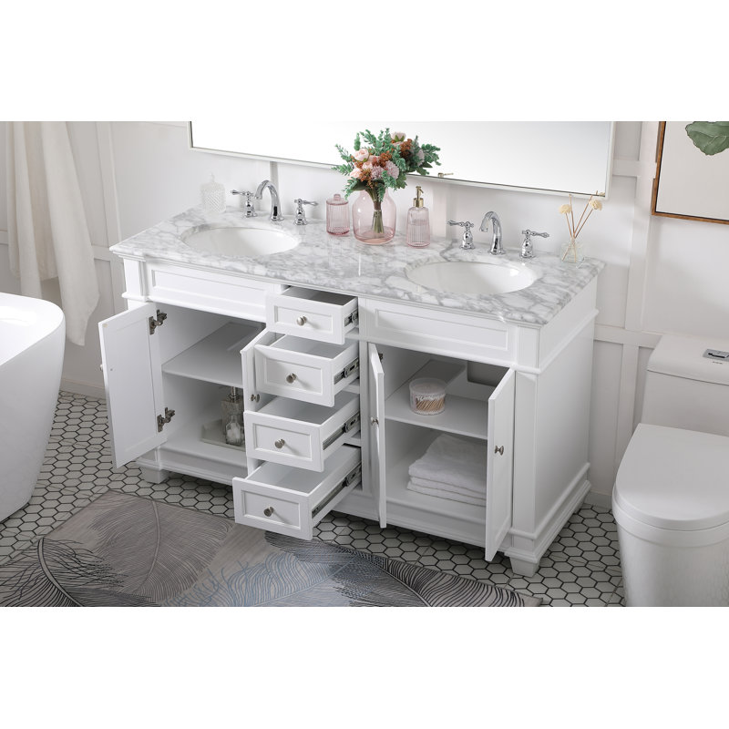 Ensemble de meuble-lavabo double 60 po Lydie, Blanc, Cararra blanc