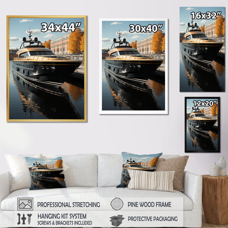 Port Dockside Elegance III - Décoration murale nautique et plage, H 32 po x l 16 po x P 1 po, Cadre flottant noir