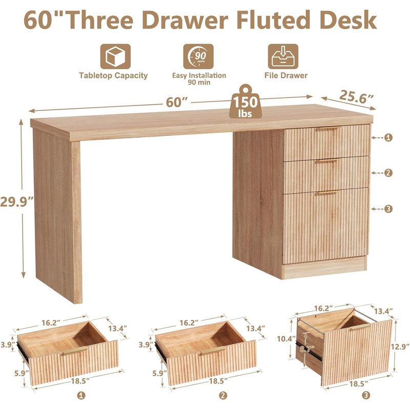 60'' Fluted Executive Desk with Drawers,Wood Home Office Desk with Storage Modern Fluted Computer Writing Desk for Study, Living Room, Bedroom,Natural Oak