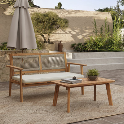 Outdoor Acacia Wood Rope Back Loveseat with Cushions and Coffee Table Set