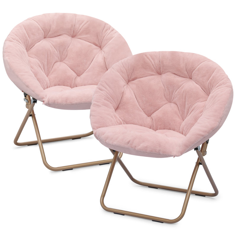 Upholstered Round Saucer Chairs Lounge Chairs, Foldable Papasan Chairs Reading Chairs for Bedroom, Pink Synthetic Fur, Bronze