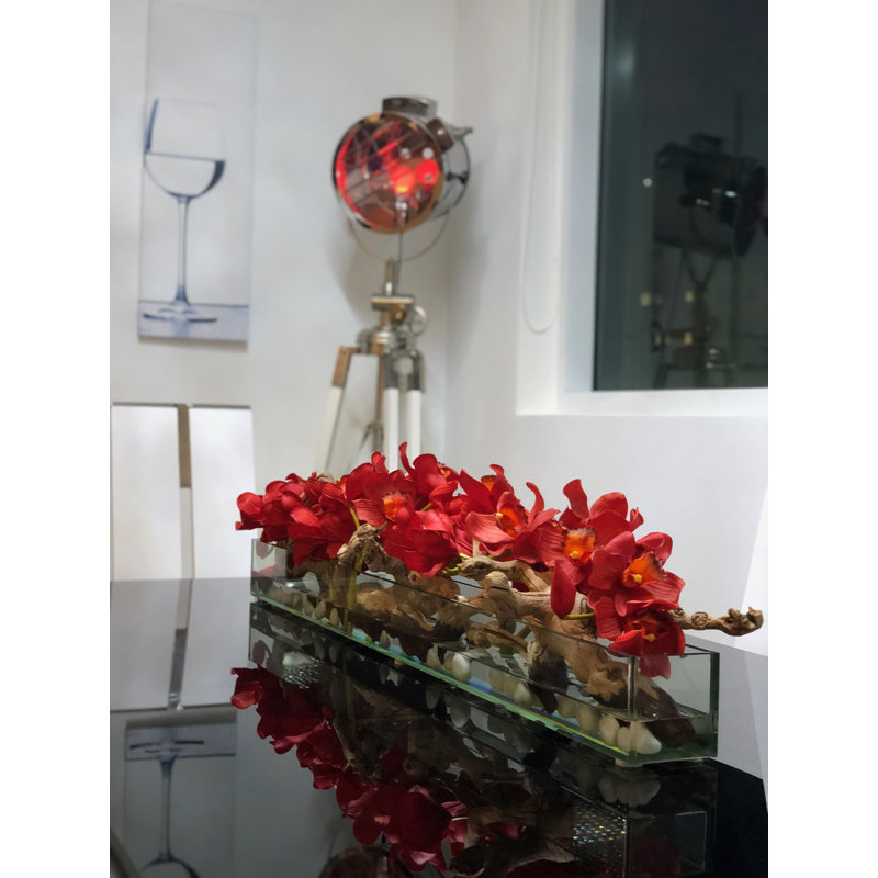 Driftwood Cymbidium Orchids Centerpiece in Glass Planter, 16" H x 48" W x 4" D, Red