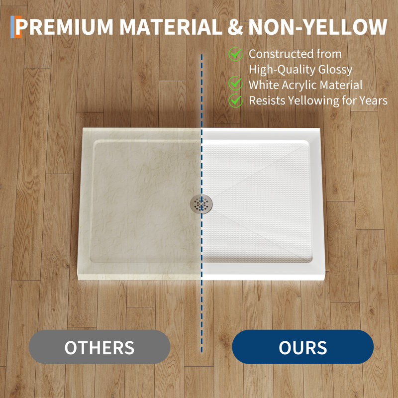 48x32 Inch Center Drain Shower Pan - Single Threshold Base, Non-Slip Textured Surface, Lightweight ABS Shower Base, Easy Install (Includes Drain Kit, White)