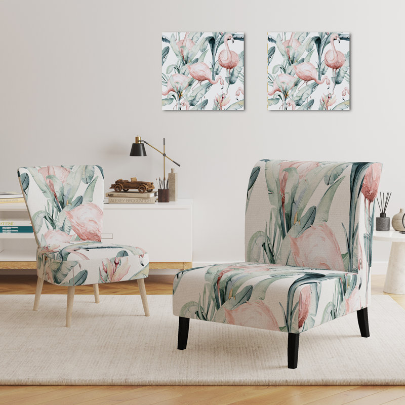 Accent Chair, Beige Floral Pattern Upholstered Decor - Beige Floral Pattern II, Pink/Green