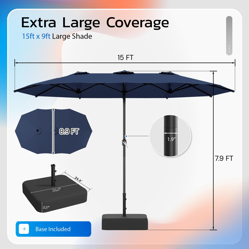 Parasol d'extérieur double face avec base incluse, Bleu très foncé
