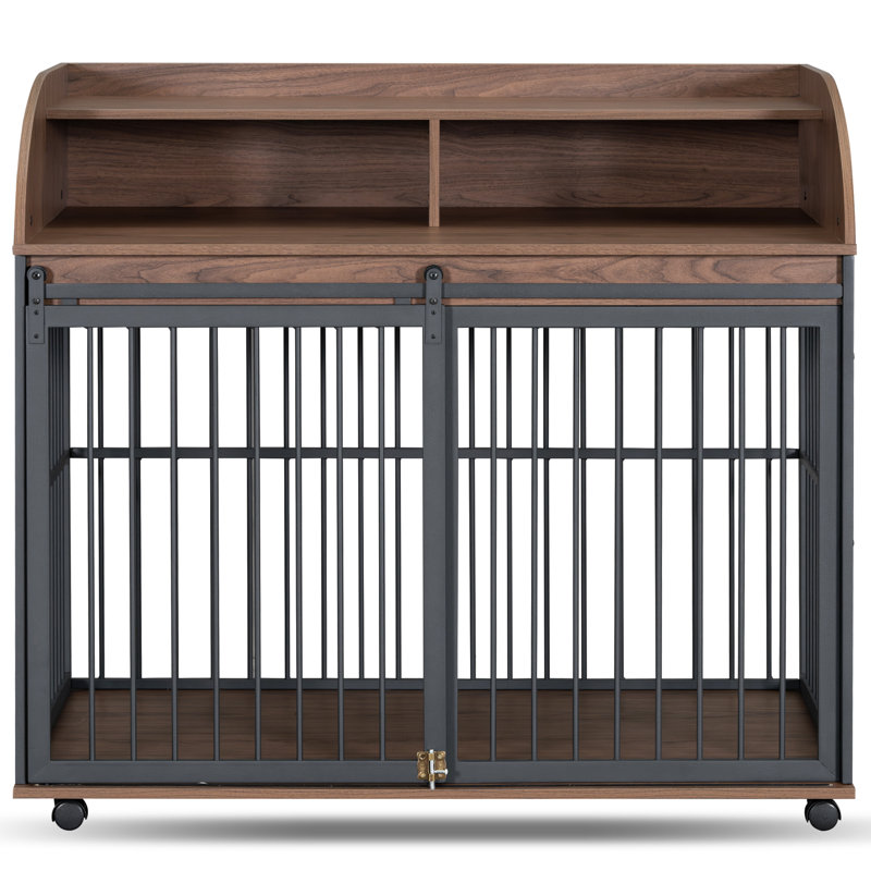 Cage pour chien de style robuste de 44 po avec roulettes verrouillables et rangement double couche brun, Brun