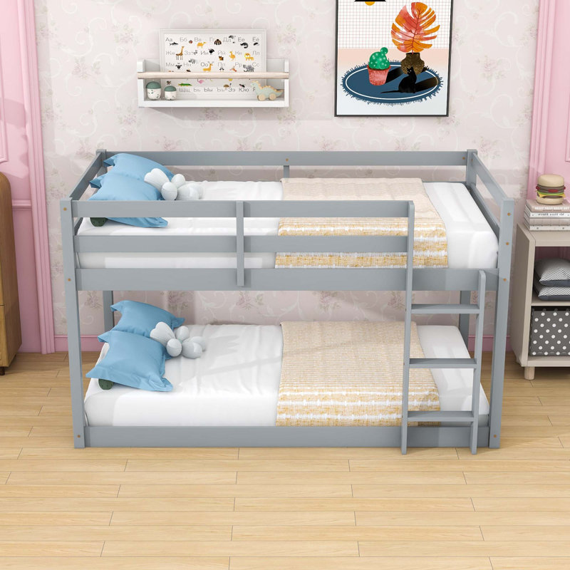 Twin Over Twin Wooden Floor Bunk Bed With Ladder And Guardrails, Gray