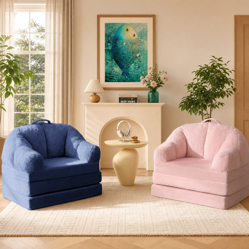 Canapé-lit convertible pliable 3-en-1 sans os, fauteuil-lit simple avec poignée, Blue