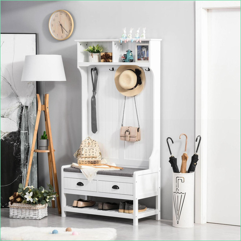 Hall Tree 3-in-1 Entryway Bench with Coat Rack, Shoe Rack &amp; Drawers | Modern | White | P2 MDF